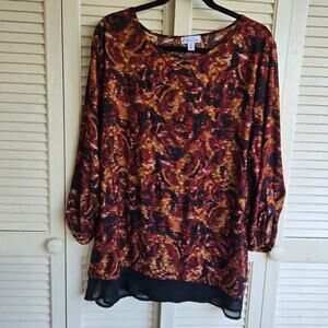 Kim Rogers Tunic Blouse Brown Black Size 3X Round Neck Roll Tab Sleeves Office
